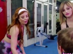 Wild threesome in gym with two horny mommys